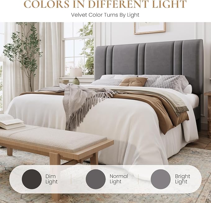 SHA CERLIN Queen Size Velvet Bed Frame with Adjustable Headboard, Grey | Vertical Channel Tufted Design, Upholstered Platform Bed, Wood Slats Support/No Box Spring Needed/Easy Assembly