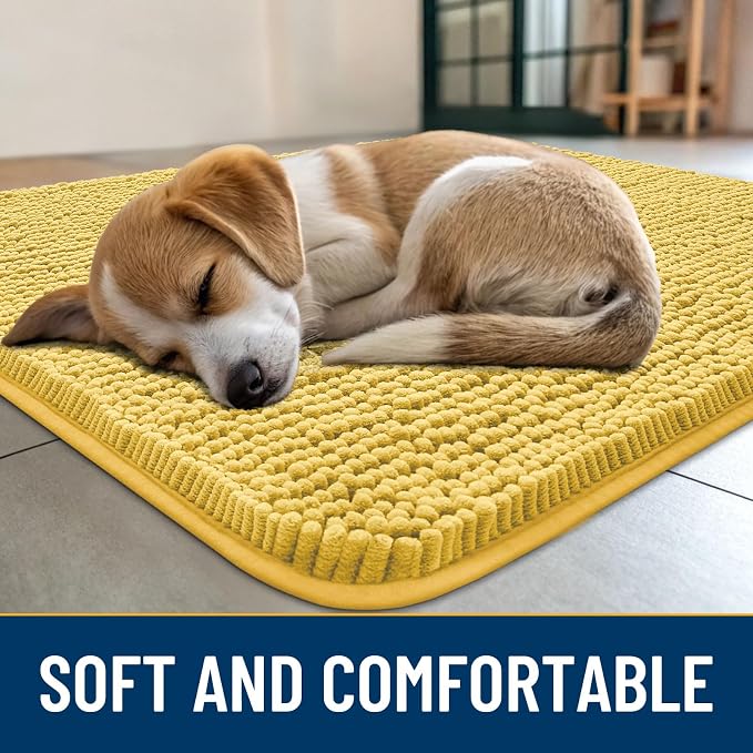 Smiry Dog Door Mat for Muddy Paws 30x20, Absorbent Dirt Trapper, Non-Slip Washable Chenille Entryway Rug for Inside Floor, Yellow, Classic Solid