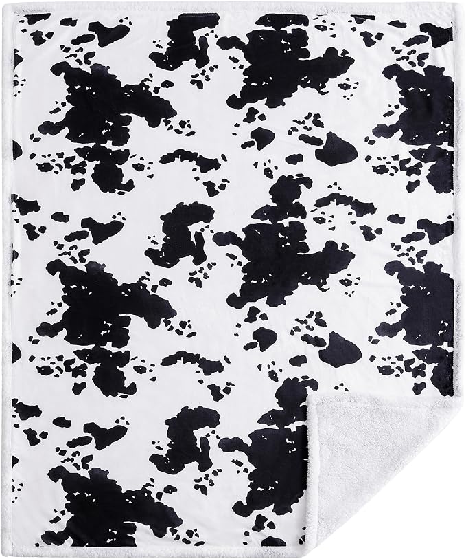 Indigo Hill by HiEnd Accents Elsa Sherpa Cow Print Blanket, Black Cowhide Pattern Rustic Western Throw Blankets for Camping Outdoor, Animal Print Sherpa Fleece Blanket for Couch Sofa Bed, 54x68 inch