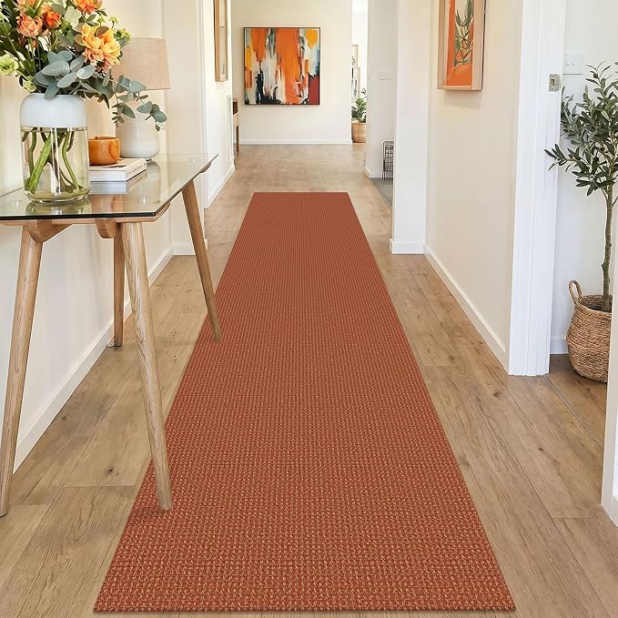 IOHOUZE Washable Runner Rug 2x10 Non Slip Rubber Backed Long Hallway Runner Entryway Runner Indoor, Kitchen Rugs Woven Cotton Floor Carpet for Hall Entrance, Burnt Orange/Tan