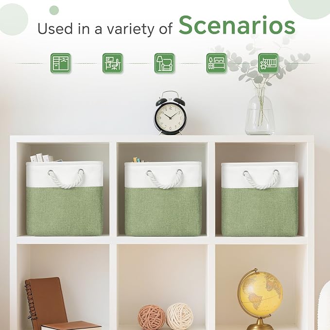FinishingBo 11 inch Cube Storage Bin with Handles 6 Pack | Foldable Basket, Fabric Storage Bins, Closet Storage, Home Organizer (White/ Green)