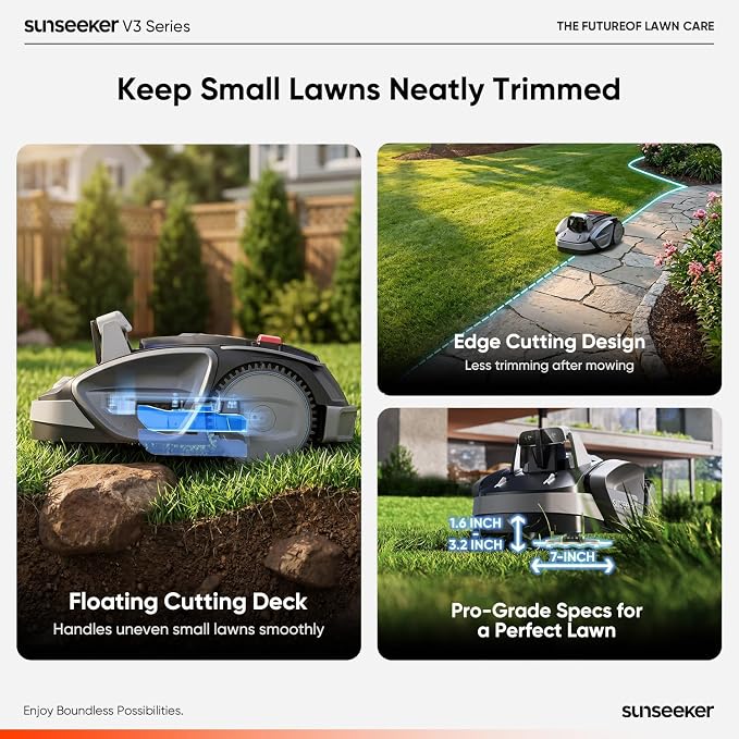 Sunseeker V3 Robot Lawn Mower, Vision AI, 0.15 Acre, Wire-Free | Easy routine mowing for first-time robot mower owners with small, simple yards and clear boundaries.