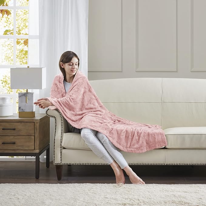 Madison Park Zuri Faux Fur Reversible Throw Blanket, 50 x 60 in, Blush | Oversized Soft Plush, Luxury, Animal Stripes, Mink Reverse, Modern, All Season, for Bed Sofa Couch, OEKO-TEX Certified