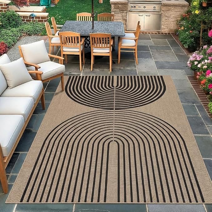 COZYLOOM 5x7 Waterproof Outdoor Patio Rug, Arch Striped Easy Jute Rugs for Living Room, Non Slip Non Shedding Modern Rainbow Area Rug for Entryway, Bedroom, Dining Room, Backyard, Porch, Nature＆Black