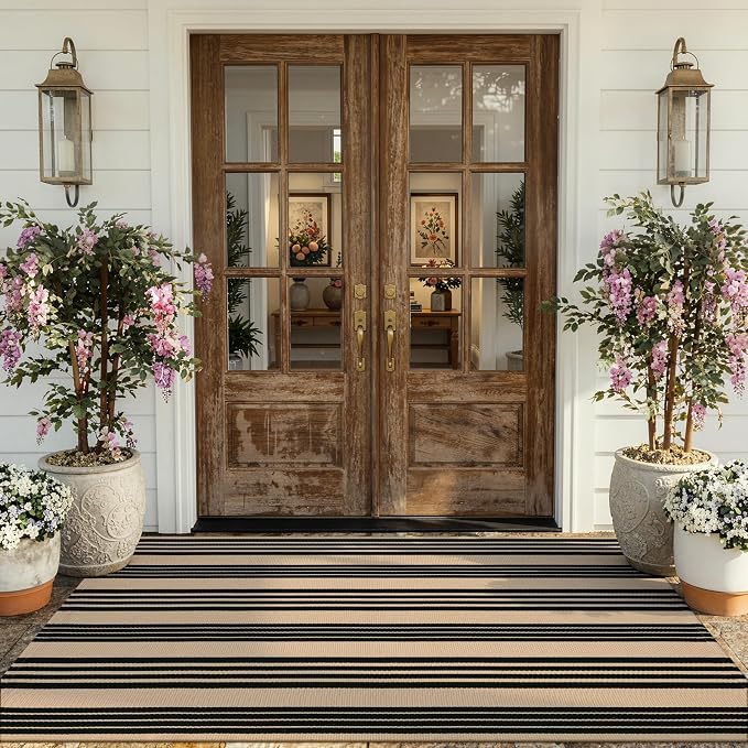 KIMODE Indoor Outdoor Rug 4'x6',Washable Reversible Black and Khaki Striped Rug,Cotton Hand Woven Patio Rug Floor Carpet, Farmhouse Fall Decor Porch Rug for Outdoor Backyard Living Room