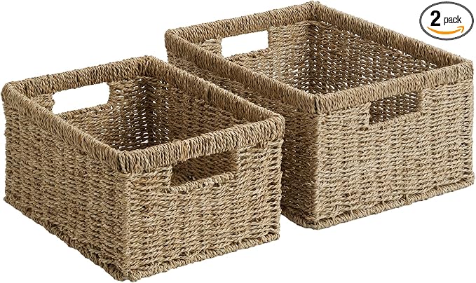StorageWorks Wicker Storage Baskets,Natural Seagrass Storage Baskets,2-Pack | Seagrass Baskets for Storage,Seagrass Woven Storage Baskets with Built-i Handles,Decorative Woven Baskets for Storage