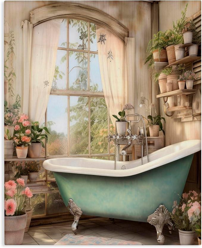 Bathroom Floral Filled Shelves, 30 x 40 Inch Canvas Wall Art | Stupell Industries · By Lettered and Lined · Ready to hang · Serene cottage charm for bathroom spaces · Made in USA
