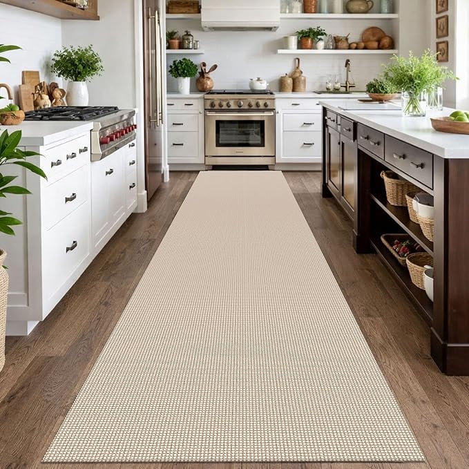 IOHOUZE Washable Exrea Long Hallway Runner Rug 3x14 Non Slip Rubber Backed Kitchen Runner Entryway Runner Indoor, Woven Rugs Floor Carpet for Kitchen Hall Entryway, Cream/Beige