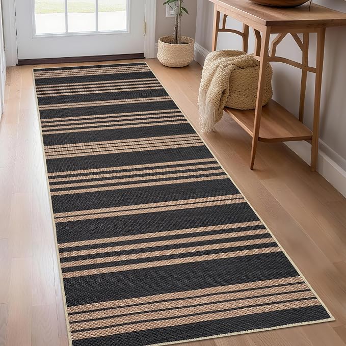 COZYLOOM 2x6 Striped Jute Rug Washable Runner Rug for Hallway Non Slip Non Shedding Geometric Carpet Stain Resistant Contemporary Foldable Indoor Outdoor Mats for Kitchen Bathroom, Black/Coffee