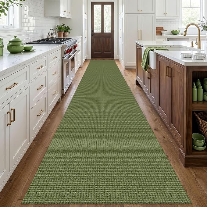 IOHOUZE Washable Exrea Long Hallway Runner Rug 3x20 Non Slip Rubber Backed Kitchen Runner Entryway Runner Indoor, Woven Rugs Floor Carpet for Kitchen Hall Entryway, Olive Green/Earthy Green