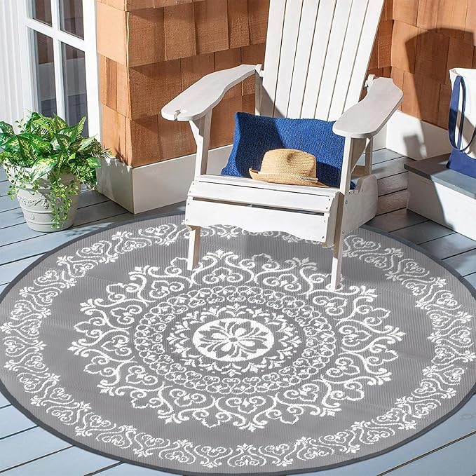 Pauwer Outdoor Rug 6ft, Waterproof Plastic Straw Camping Rug, Floral Grey | Reversible Patio Rug, UV Resistant Indoor Outdoor RV Mat Carpet For Deck, Camper, Porch, Balcony, Backyard, Picnic, Foldable