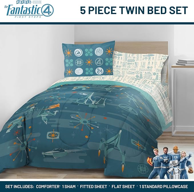 Marvel Fantastic Four Twin Comforter Set 5 Piece Superhero Bedding, Blue | Bed in a Bag, Comforter Sheets Sham Pillowcase, Official Product, Soft Microfiber, Machine Washable, Easy Care, Kids Gift