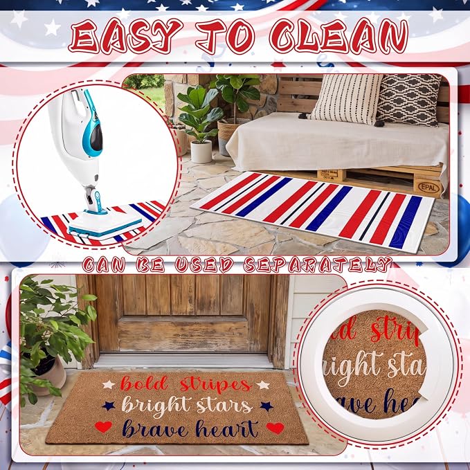 Moucuny 2 Pcs Patriotic Doormat Outdoor Decor 4th of July Coir Doormat Red Blue White Striped Welcome Rug Non-Slip Independence Day Memorial Day 250th Anniversary Mat Front Porch Entrance Decor