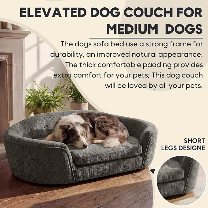 Dog Couch Bed with Oval Semi-Enclosed, Durable Linen Material Pet Sofa Couch with Soft Foam Cushion, Dog Sofa Bed with Legs for Medium Dogs, Dark Grey