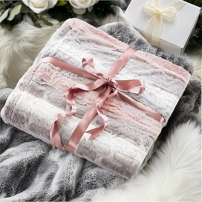 Madison Park Zuri Ultra Soft Faux Fur Queen Blanket Reversible, Blush/Grey | All Season, Ultra Soft, Breathable Fabric for Bed or Couch, Lightweight, Plush, OEKO-TEX Certified