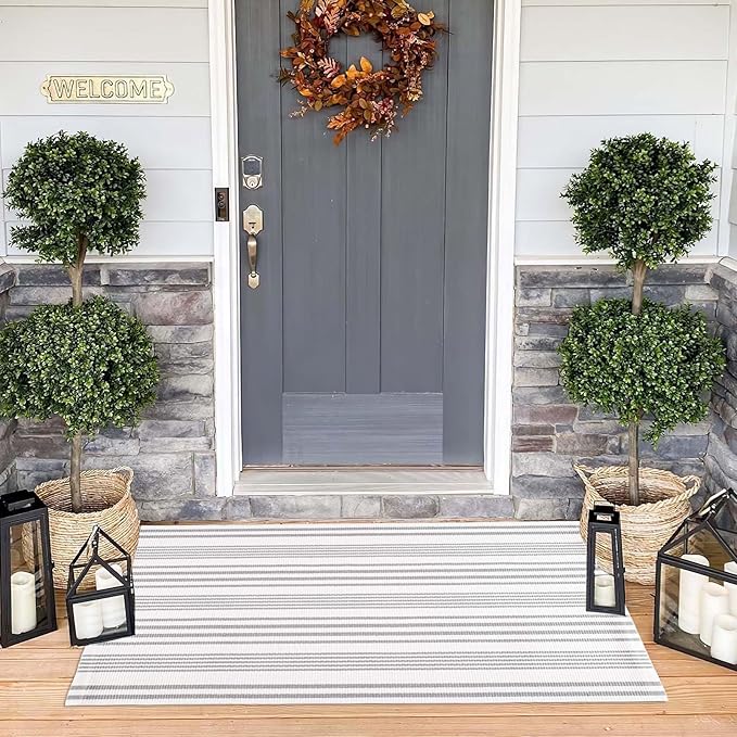 Grey and White Outdoor Rug 24'' x 51''Striped Front Porch Rug Hand-Woven Machine Washable Layered Door Mats for Entryway/Bedroom/Outdoor