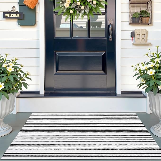 OLANLY Black White Modern Striped Rug 4' x 6' – Washable Cotton Indoor Outdoor Doormat for Front Door, Entryway, Kitchen, Porch, Patio Decor