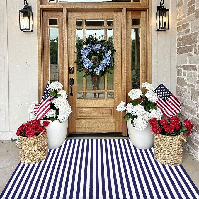 CAINANEL Blue and White Striped Rug 4th of July Door Mat 3' x 5' Summer Front Porch Rug Independence Day Welcome Doormats for Farmhouse Entrance Porch Outdoors Decor(Blue and White, 3' x 5')