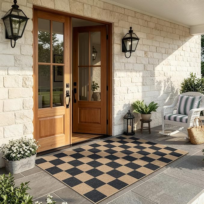 Lahome Colette Checkered Easy Jute Carpet, 3x5 Outdoor Patio Rug Washable Rugs for Entryway Checkerboard Indoor Outdoor Living Room Carpet, Farmhouse Neutral Non Slip Black Door Mat for Bedroom
