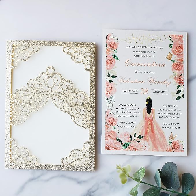 Hosmsua 50PCS Personalized Champagne Glitter Quinceanera Invitations Kit 5.1x7.3 Inch Laser Cut Floral Crown Pocket Quinceanera Invitation Cards with Envelopes for Birthday Quince Invitation