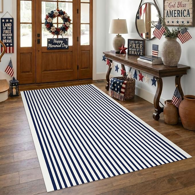 KOZYFLY 4x6 Blue and White Striped Rug Front Door Rug Woven Layered Washable Indoor Outdoor Rugs for Front Porch Kitchen Patio Farmhouse Independence Day Decor