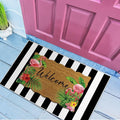Fourluoo 2 Piece Summer Door Mat Combo Set 100% Coco Coir Tropical Flamingo Welcome Mat and 28 x 40 Inch Black White Striped Rug Layering Front Door Rug for Entrance Front Porch Outdoor Decor Gifts
