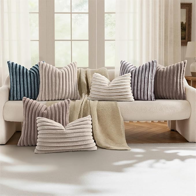decorUhome Summer Cozy Faux Fur Throw Pillow Covers 18x18 Set of 2 Decorative Soft Plush Striped Modern Farmhouse Boho Couch Pillow Cases with Velvet Back for Sofa Bed Living Room, Beige White