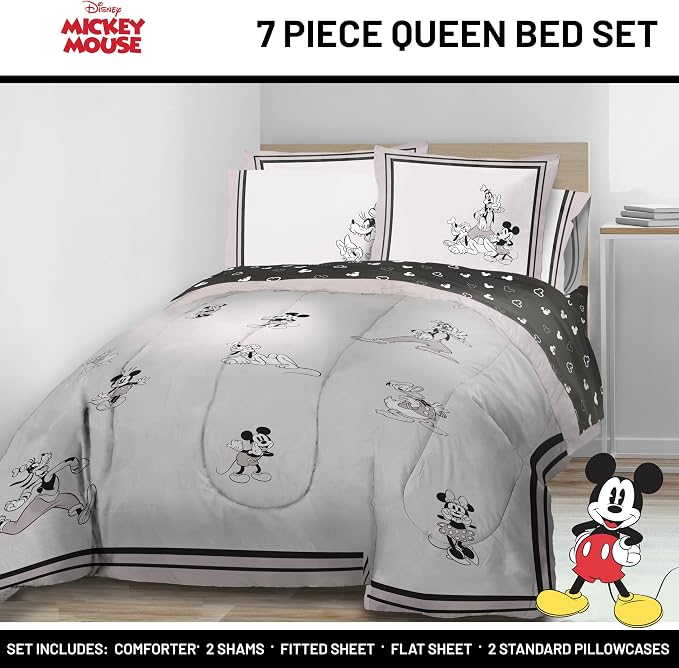 Disney Mickey Mouse and Friends Queen Comforter Set 7 Piece Bedding, Beige | Minnie Donald Goofy, Bed in a Bag, Comforter Sheets Shams Pillowcases, Official Product, Soft Microfiber, Machine Washable
