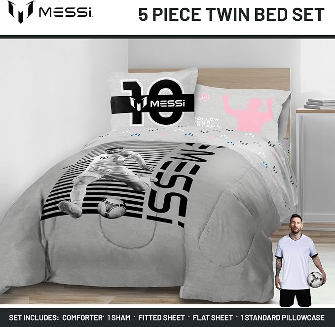 Jay Franco Kids Comforter Set Includes Sheets and Pillow Cover - Soft and Cozy Bed Set for Stylish Room Décor, Grey - Messi, 5 Piece Twin