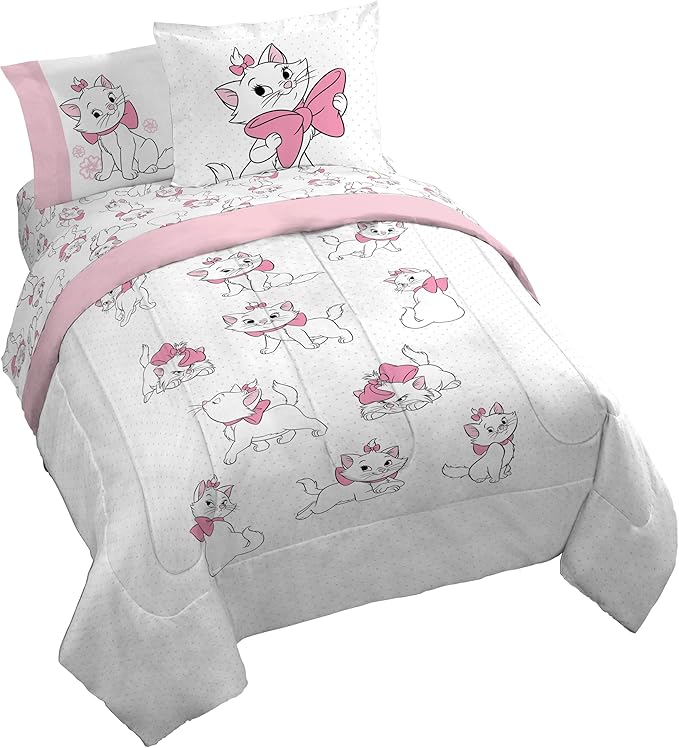 Disney Aristocats Marie Queen Comforter Set 7 Piece Kids Bedding, White | Bed in a Bag, Comforter Sheets Shams Pillowcases, Official Brand, Soft Microfiber, Machine Washable, Girls Gift