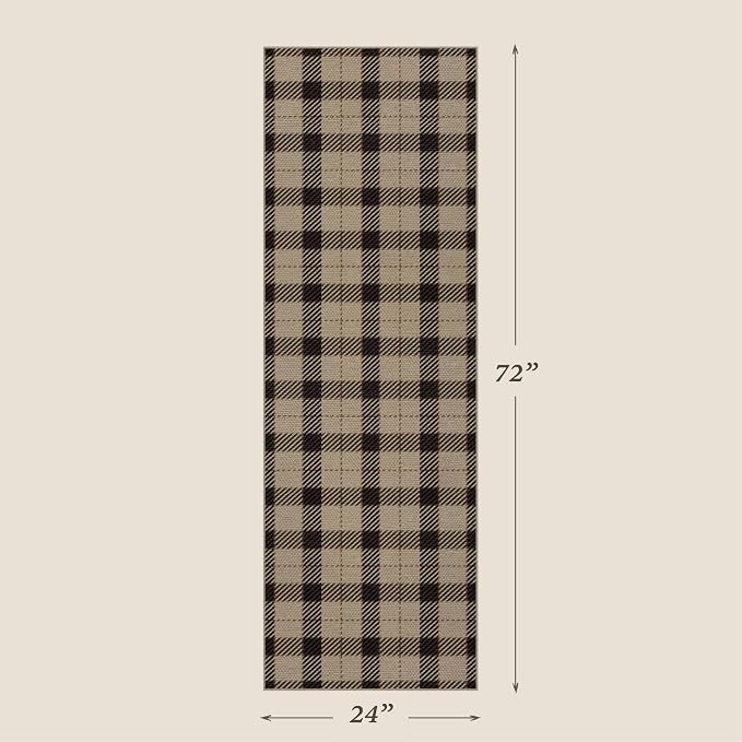 JTJ Easy Jute Plaid Runner Rug 2x6, Machine Washable Non Slip Kitchen Runner Rug, Black & Tan Indoor Outdoor Rug for Entryway, Hallway, Laundry Room, Patio & Porch, Low Pile Carpet