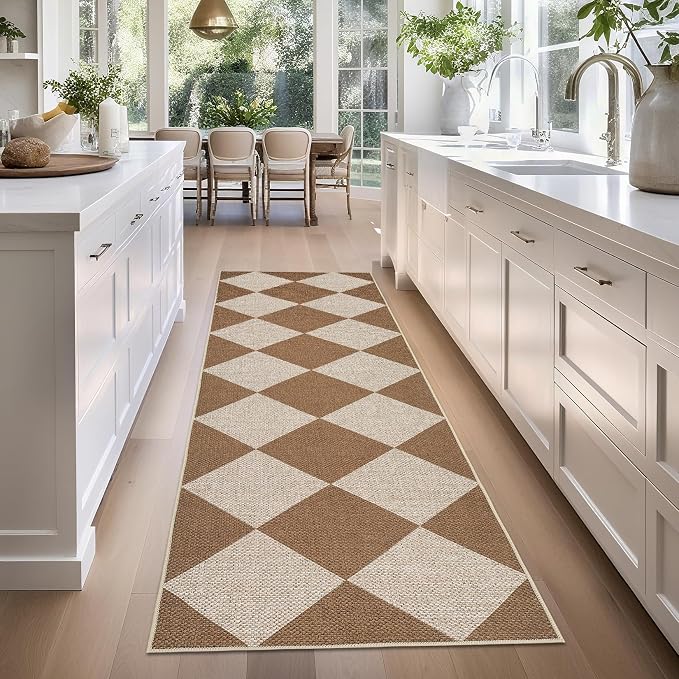 GarveeHome Checkered Easy Jute Runner Rug 2x6 Non-Slip Machine Washable Stain Resistant Indoor Outdoor Rugs for Living Room, Bedroom, Kitchen, Dining, Patio - Farmhouse Style Brown