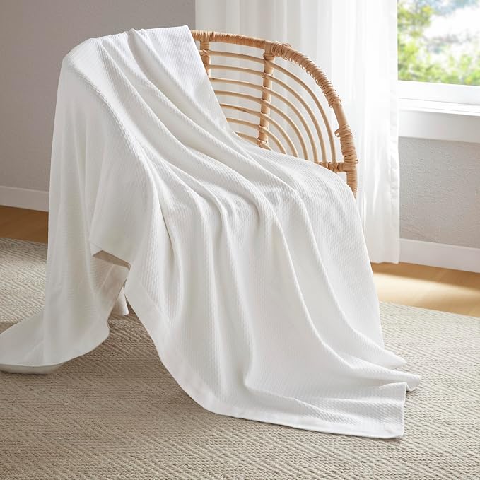 Madison Park 100% Egyptian Cotton Twin Size Bed Blanket for Summer White | Cozy Soft Breathable Durable, Waffle Weave Woven Casual, Lightweight Knit All Season Throw for Bed Couch or Sofa, OEKO TEX