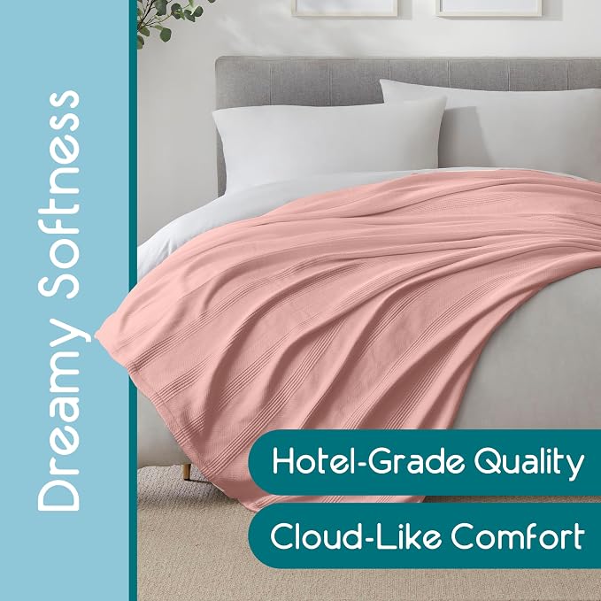 Vellux 100% Cotton Blanket, Queen, 90x90, Pink Clay | Soft, Breathable Knit, Lightweight, All Season, Machine Washable, Oeko-Tex Certified, Hotel Quality