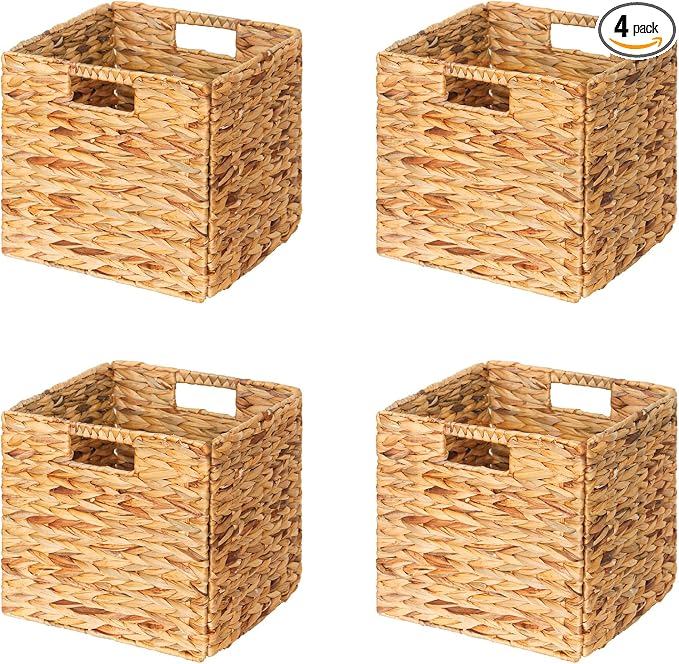 SpaceAid 4 Pack Wicker Basket, Storage Baskets for Organizing, Woven Rattan Basket with Handles for Shelves, Water Hyacinth Large Cube Organizer Storage Bin, 12x12x12 inch, Natural