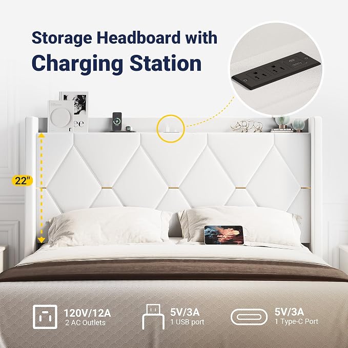 Allewie Queen Bed Frame with Storage Headboard & Charging Station | Diamond Tufted Design & Gold Trim, Velvet Upholstered Platform Bed, No Box Spring Needed, Easy Assembly, Noise-Free, White