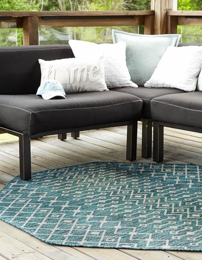 Unique Loom Outdoor Trellis Collection Area Rug - Tribal Trellis (5' 3" Octagon, Teal/ Ivory)