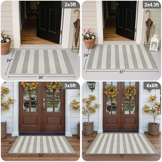 OJIA Outdoor Area Rugs 4'x6' Striped Patio Rug Washable Woven Camping Rug | Cotton Indoor Outdoor Rug Living Room Rug Checkered Rug Floor Carpet for Living Room/Dining Room/Deck/Backyard Gray/White