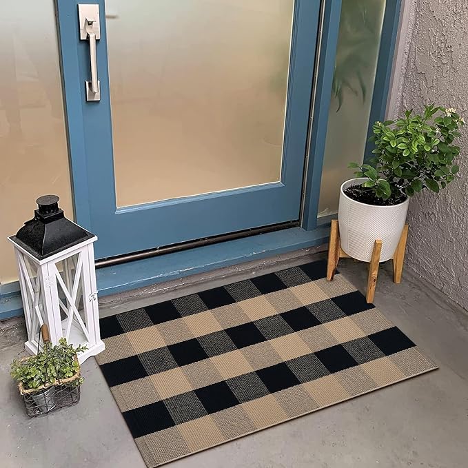 KIMODE Front Door Mat 24"x35",Black and Tan Checkered Small Outdoor Rug,Farmhouse Fall Front Porch Rug Decor,Cotton Woven Washable Layered Doormats for Front Door Outside Entrance Kitchen