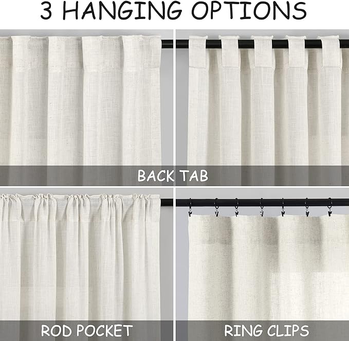 Cream Linen Curtains 90 inches Long for Bedroom Back Tab Light Filtering Privacy Sheer Curtains Modern Farmhouse Cottage Core Decor Cotton Textured Gauze Curtain 2 Panel Set 36x90 for Living Room