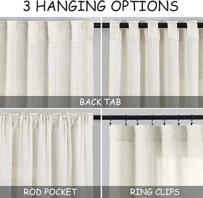 Nanspring Cream Semi Sheer Linen Curtains 78 inch Length for Living Room Back Tab Rod Pocket Modern Farmhouse Coastal Decor Cream Cotton Textured Gauze Curtains for Dining Room Office 52x78
