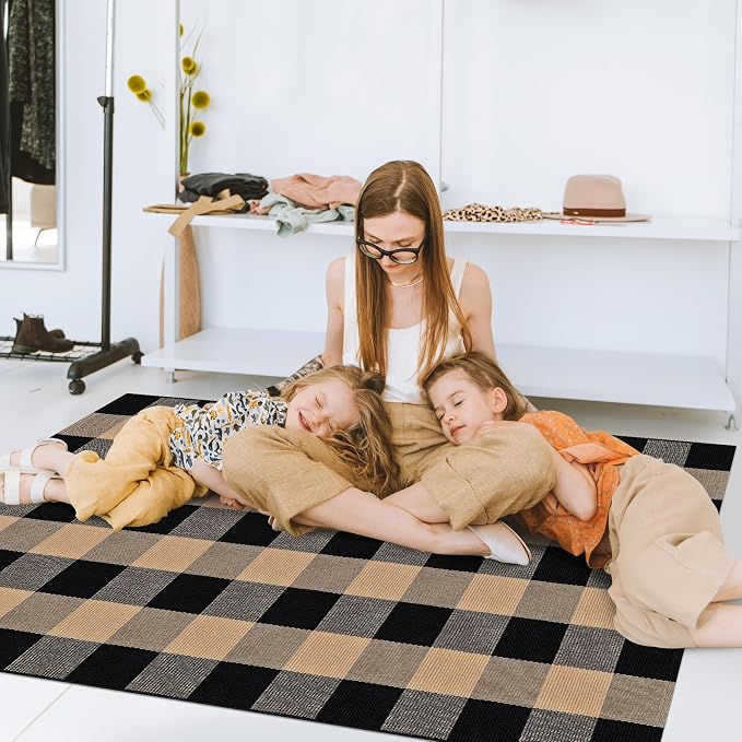 Buffalo Plaid Rug 2x3 Brown and Black Checkered Rug Grid Indoor Outdoor Doormat Porch Layering Carpet Cotton Woven Washable Area Mat for Patio Entryway Farmhouse Decor