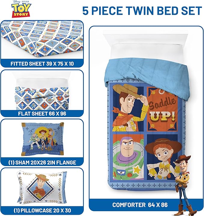 Jay Franco Kids Bed Set, Blue, Toy Story, 5 Piece Twin | Cozy Soft Bedding for Stylish Room Décor with Comforter, Sheets & Pillow Covers