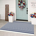 KILOCOCO Blue White Striped Rug 3'X5' Front Door Mat Outdoor Washable Rugs | Cotton Layered Doormats, Low Pile Front Porch Rug, Woven Indoor Rug for Kitchen Entryway, Farmhouse Patio Carpet