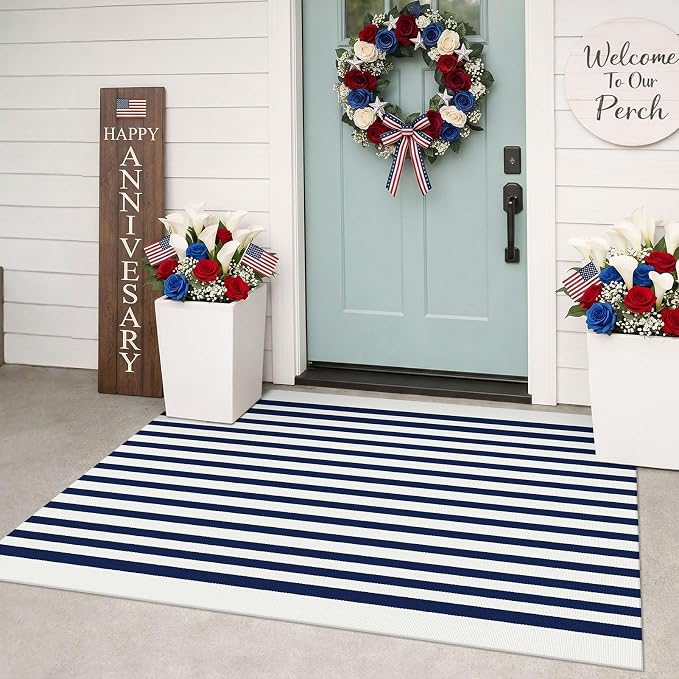 KILOCOCO Blue White Striped Rug 3'X5' Front Door Mat Outdoor Washable Rugs | Cotton Layered Doormats, Low Pile Front Porch Rug, Woven Indoor Rug for Kitchen Entryway, Farmhouse Patio Carpet