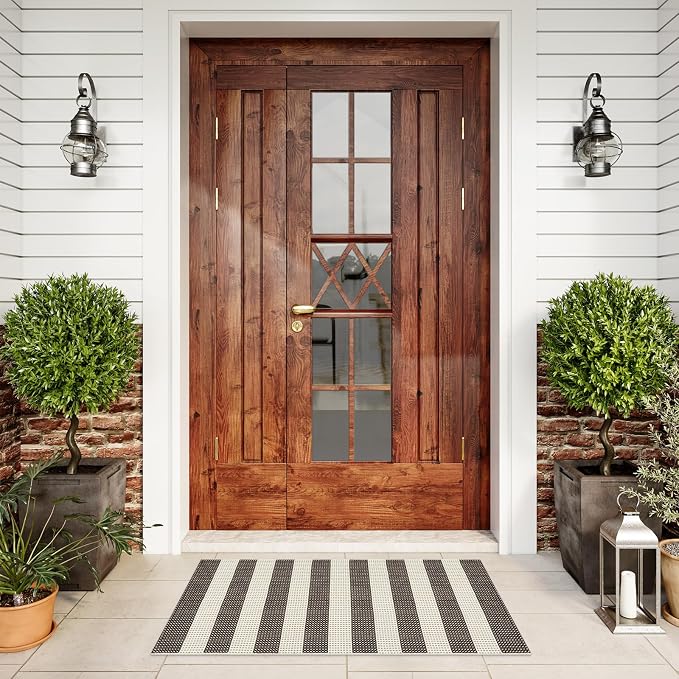 LEEVAN Outdoor Porch Rug 24"x51", Washable Front Door Mat, Spring Plaid Welcome Mat Outside Entrance, Black and White Striped Outdoor Entryway Rug, Farmhouse Buffalo Porch Layered Doormats Entry