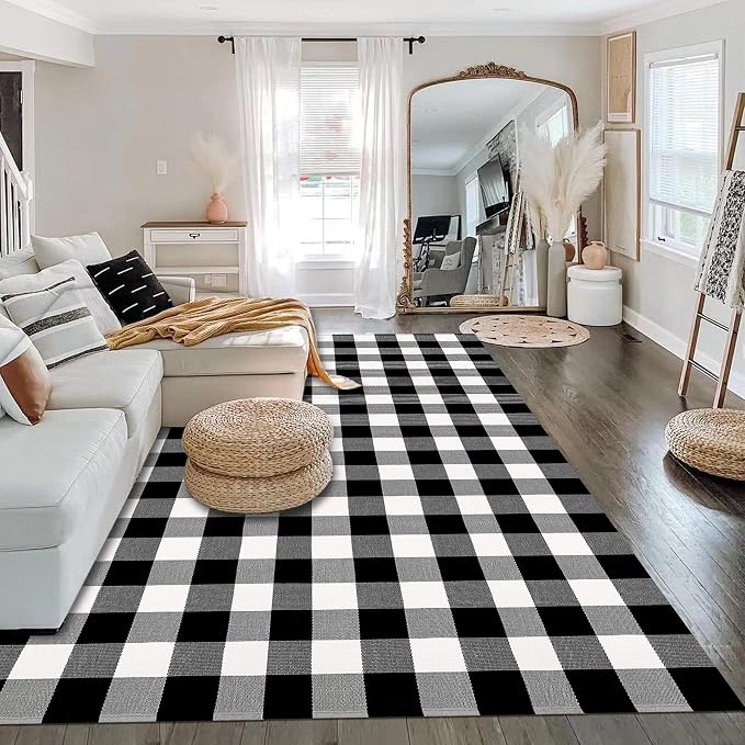 SEEKSEE Buffalo Plaid Rug 5' x 8' Black and White Area Rug, Washable Cotton Indoor Living Room Kitchen Dining Room Home Office Layering Rug Outdoor Patio Entryway Decor