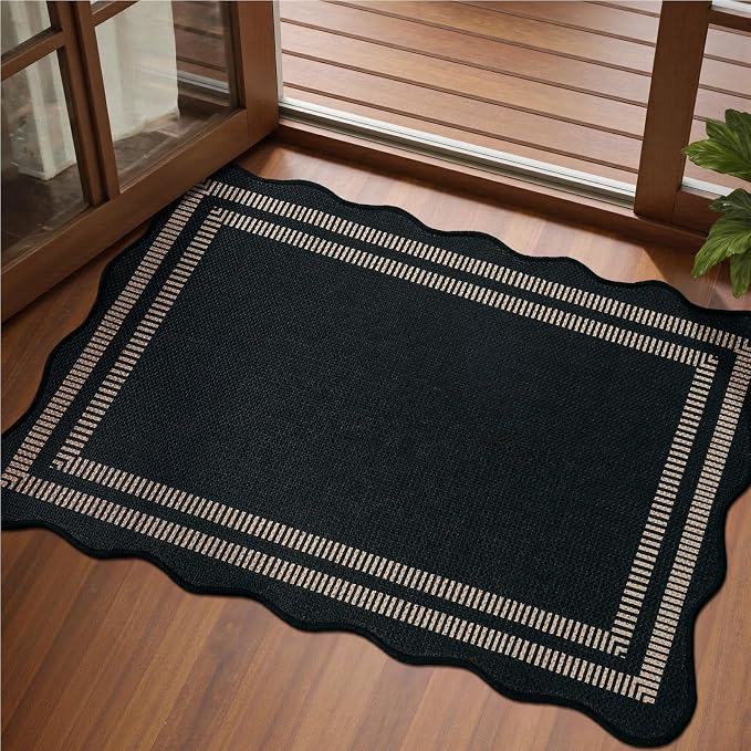 EDIMENS Easy Jute Rug Entryway Rug, 2x3 Front Door Mat Small Entryway Non-Slip Washable Area Rug, Low Pile Black Indoor Outdoor Farmhouse Scalloped Doormat for Entrance Entry Porch Doorway