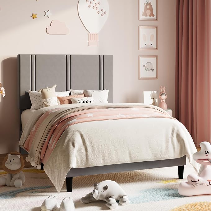 Allewie Twin Size Platform Bed Frame with Adjustable Headboard | Plush Velvet Upholstered, Vertical Channel Tufted, Sturdy Wood Slats, No Box Spring Needed, Easy Assembly, Grey