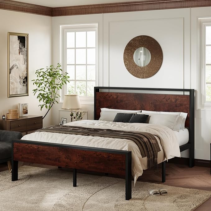 Allewie Queen Size Bed Frame, Heavy Duty 12 Metal Slats Support, Mahogany | Wooden Headboard and Footboard, Modern Platform Bed, No Box Spring Needed, Under-Bed Storage, Noise Free, Easy Assembly